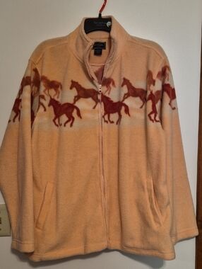 Bit & Bridle  Womens Peach Fleece Jacket with Running Horses Zip Front SZ XL